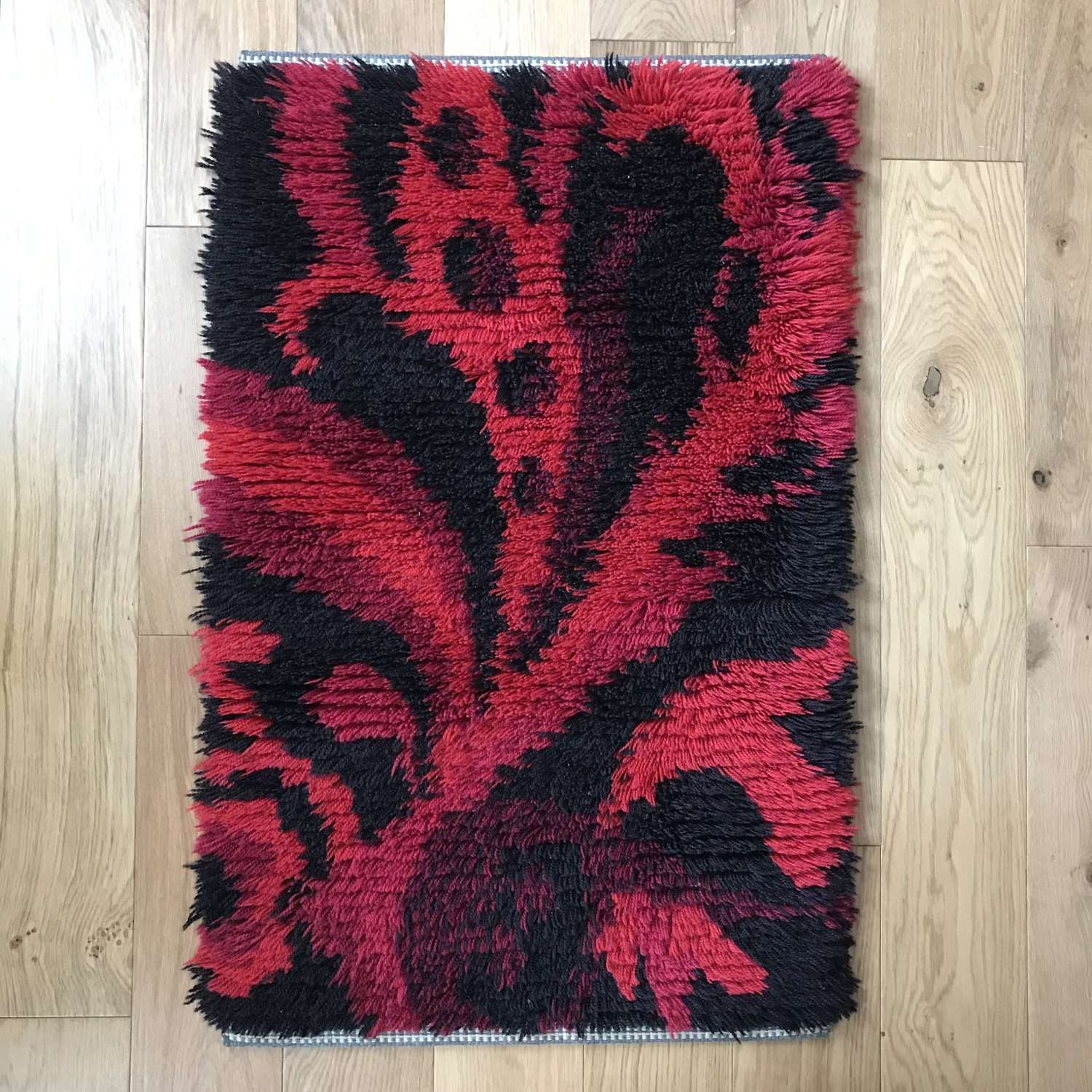 Swedish rya rug, red and black, c 1970s