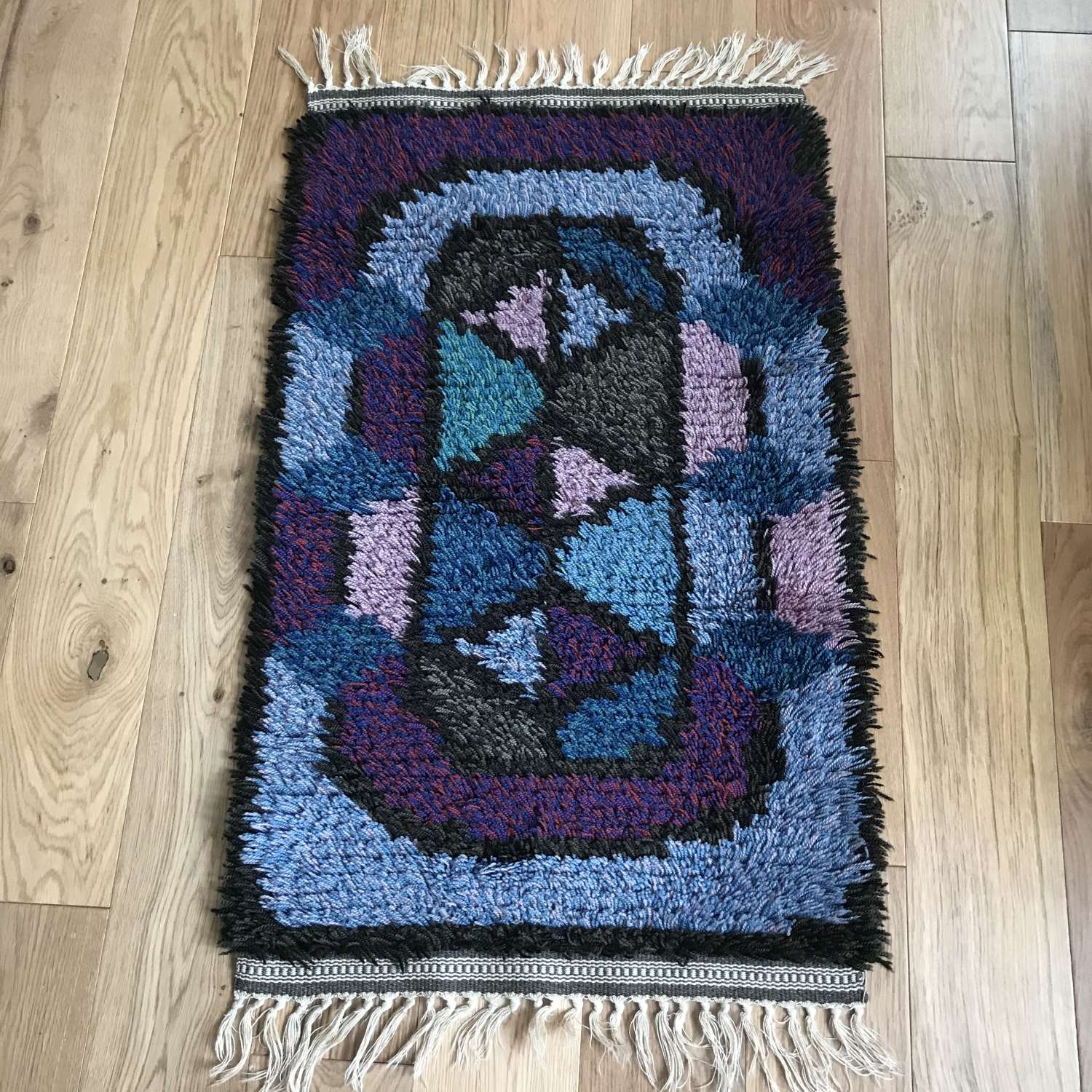 Swedish rya rug, blue and purple, c 1970s