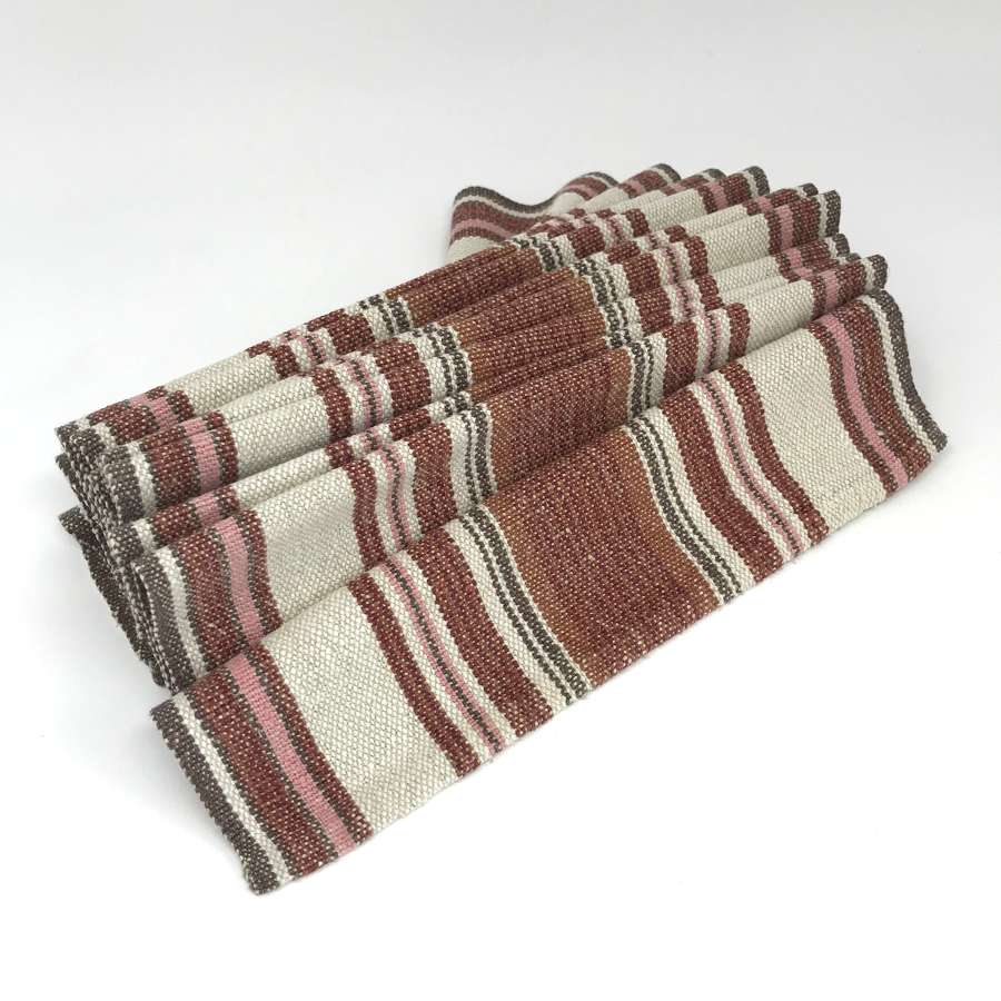 Swedish Handwoven Linen Table Runner in Tan and Pink 1970s