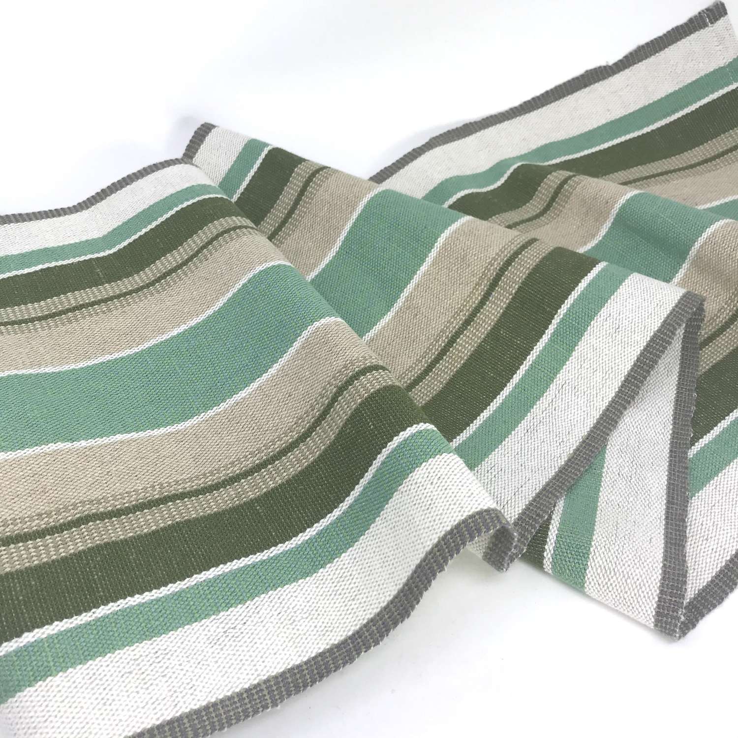 Swedish handwoven linen table runner, green and taupe, c1970s unused