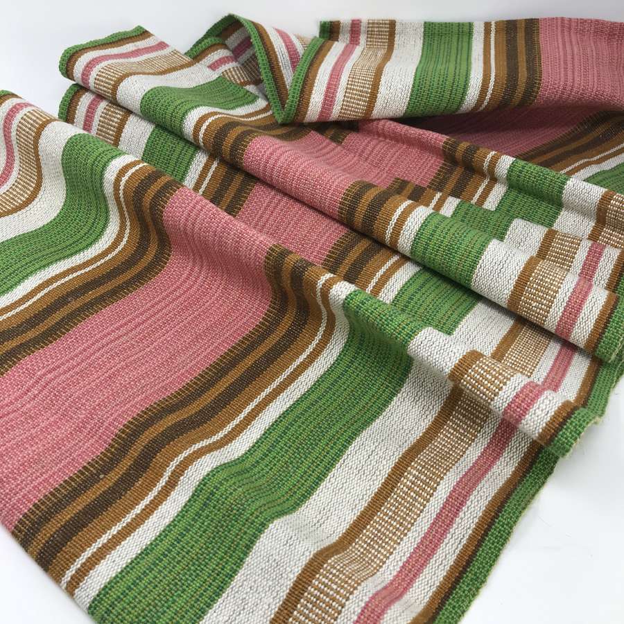 Swedish linen table runner with pink, green, brown stripes c1970s