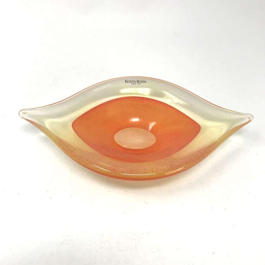 Gunnel Sahlin Eye shaped orange glass dish Kosta c1990s