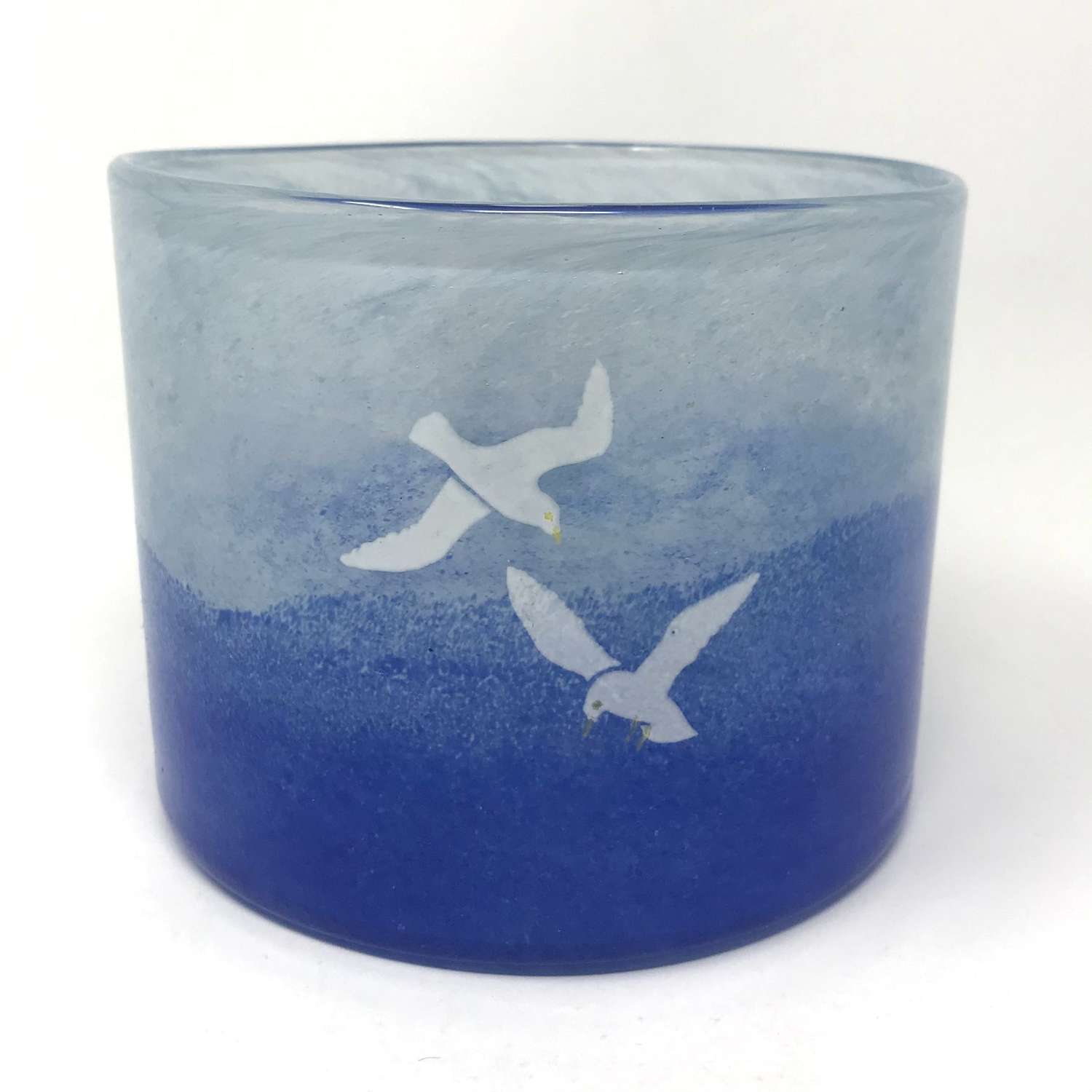 Kjell Engman Blue glass vase with seagulls Boda Sweden 1980s Medium