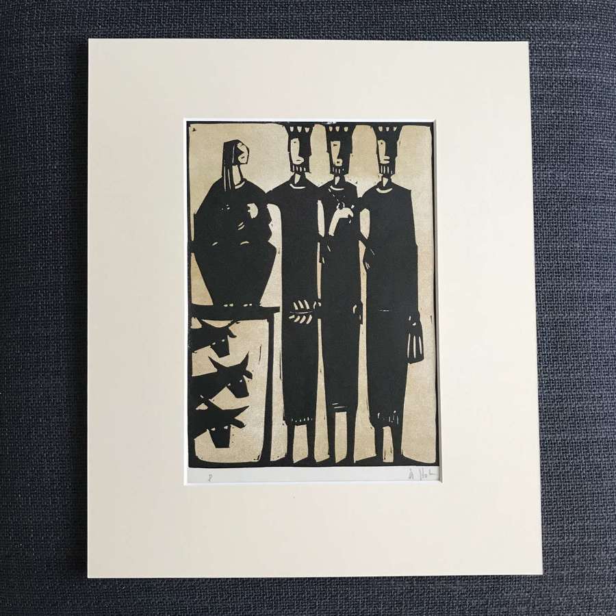 Åke Holm Linocut print of Three Kings Sweden 1960s