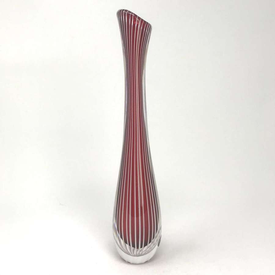 Vicke Lindstrand red glass vase with white lines Kosta Sweden 1950s
