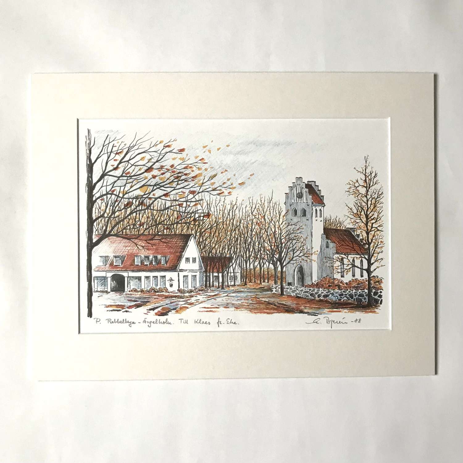 Eke Bjeren lithograph Swedish church in autumn 1988