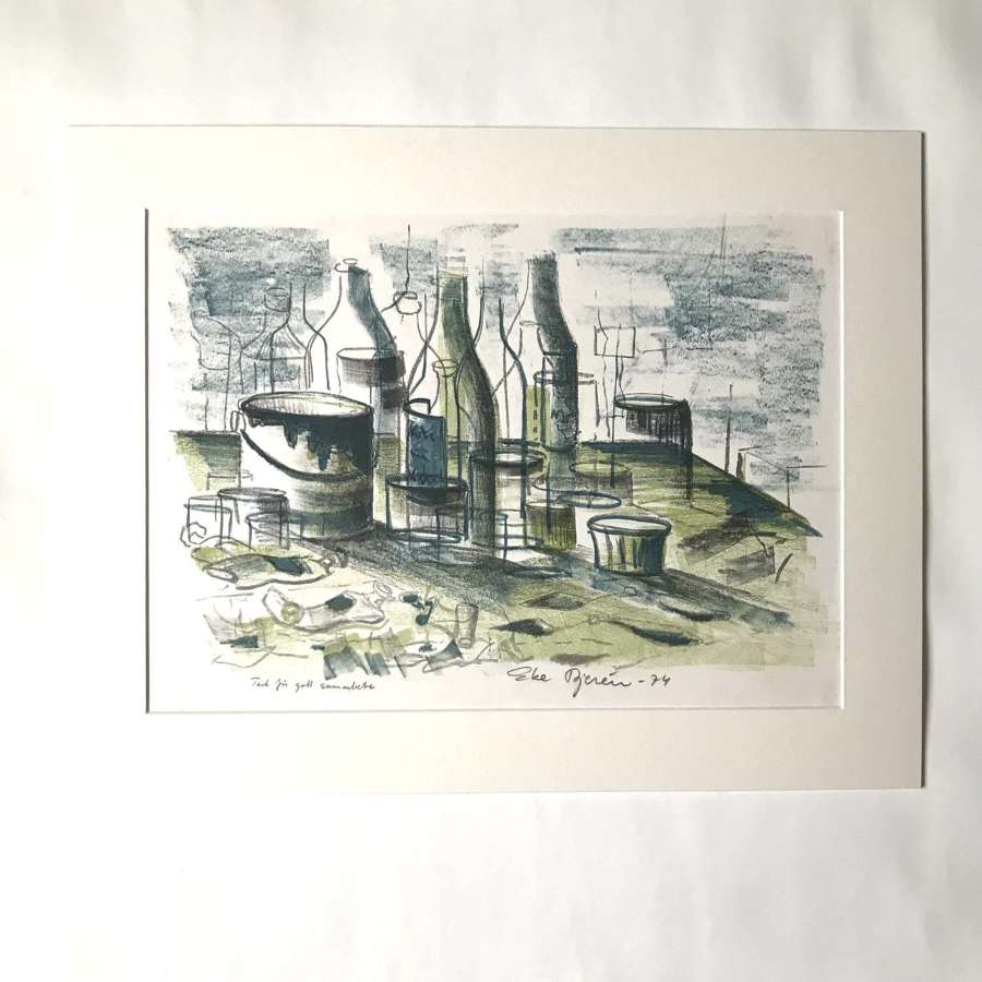 Eke Bjeren lithograph still life with paints and bottles Sweden 1974
