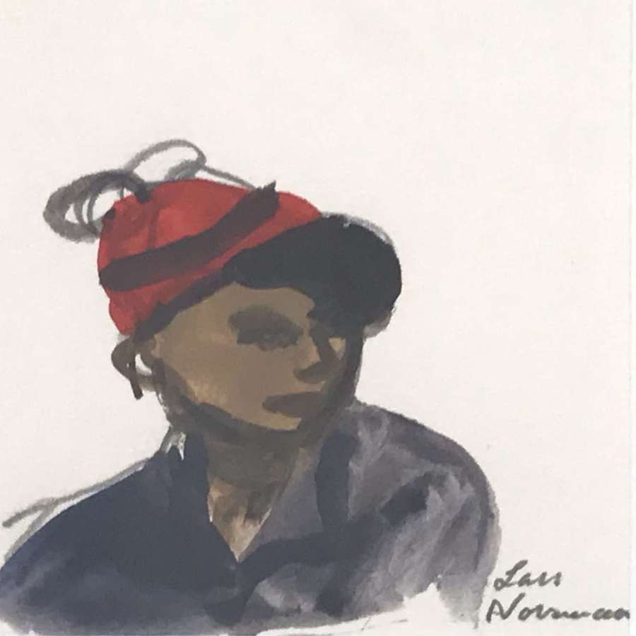 Lars Norrman Woman in Red Hat Gouache Sweden 1960s