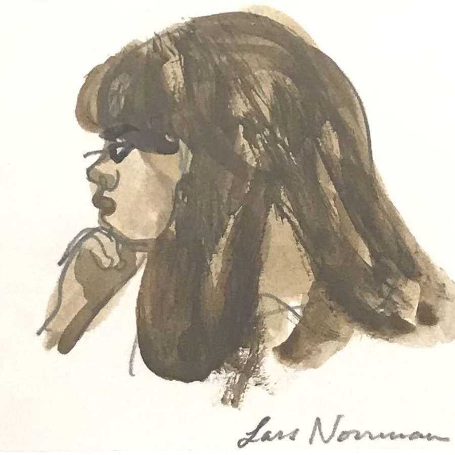 Lars Norrman Woman in Profile Gouache Sweden 1960s
