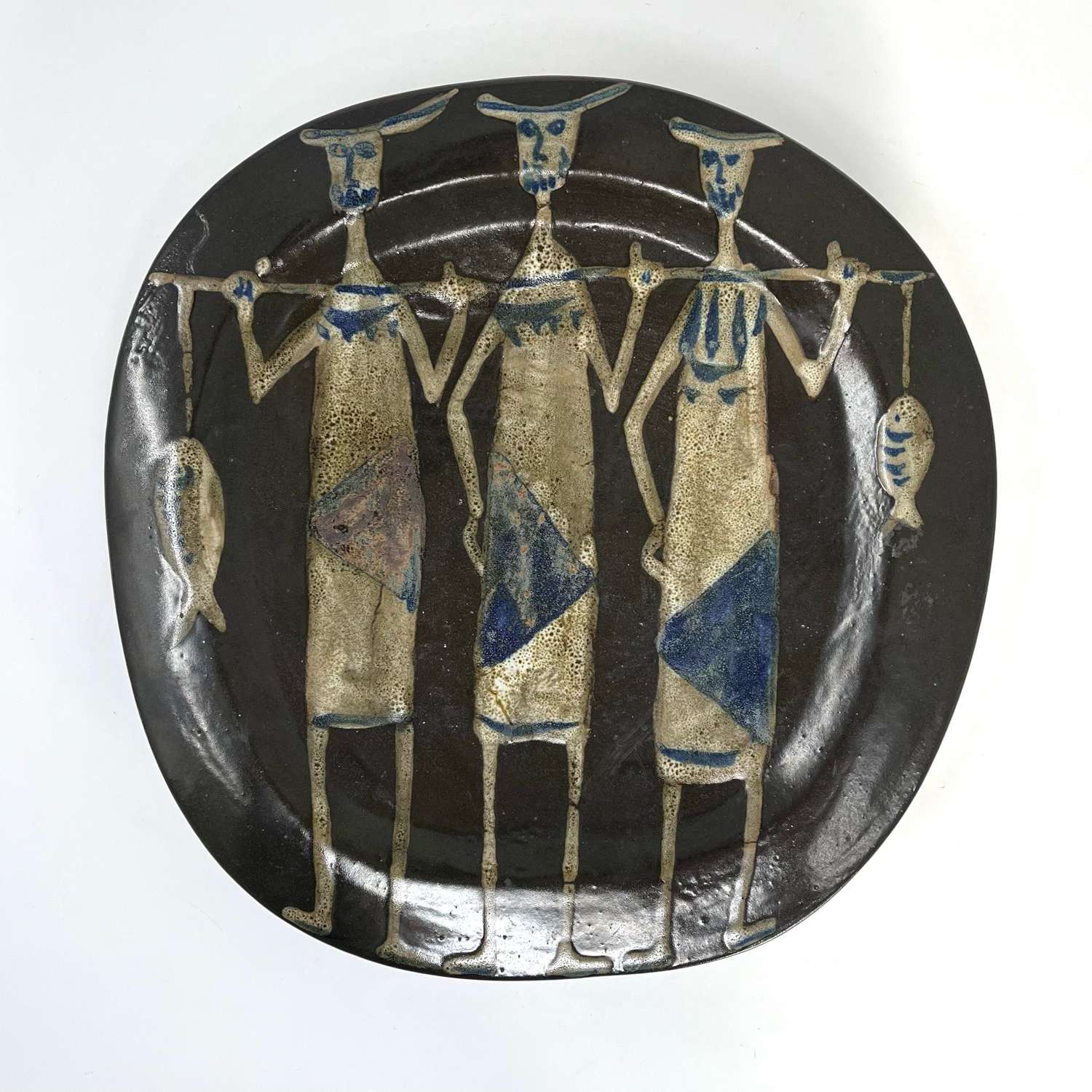 Ake Holm ceramic footed dish with three fisherman Sweden