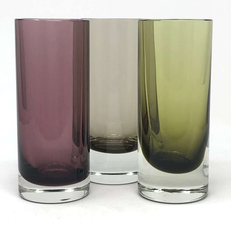 Trio of Caithness cylinder glass vases heather, moss, peat 1960s