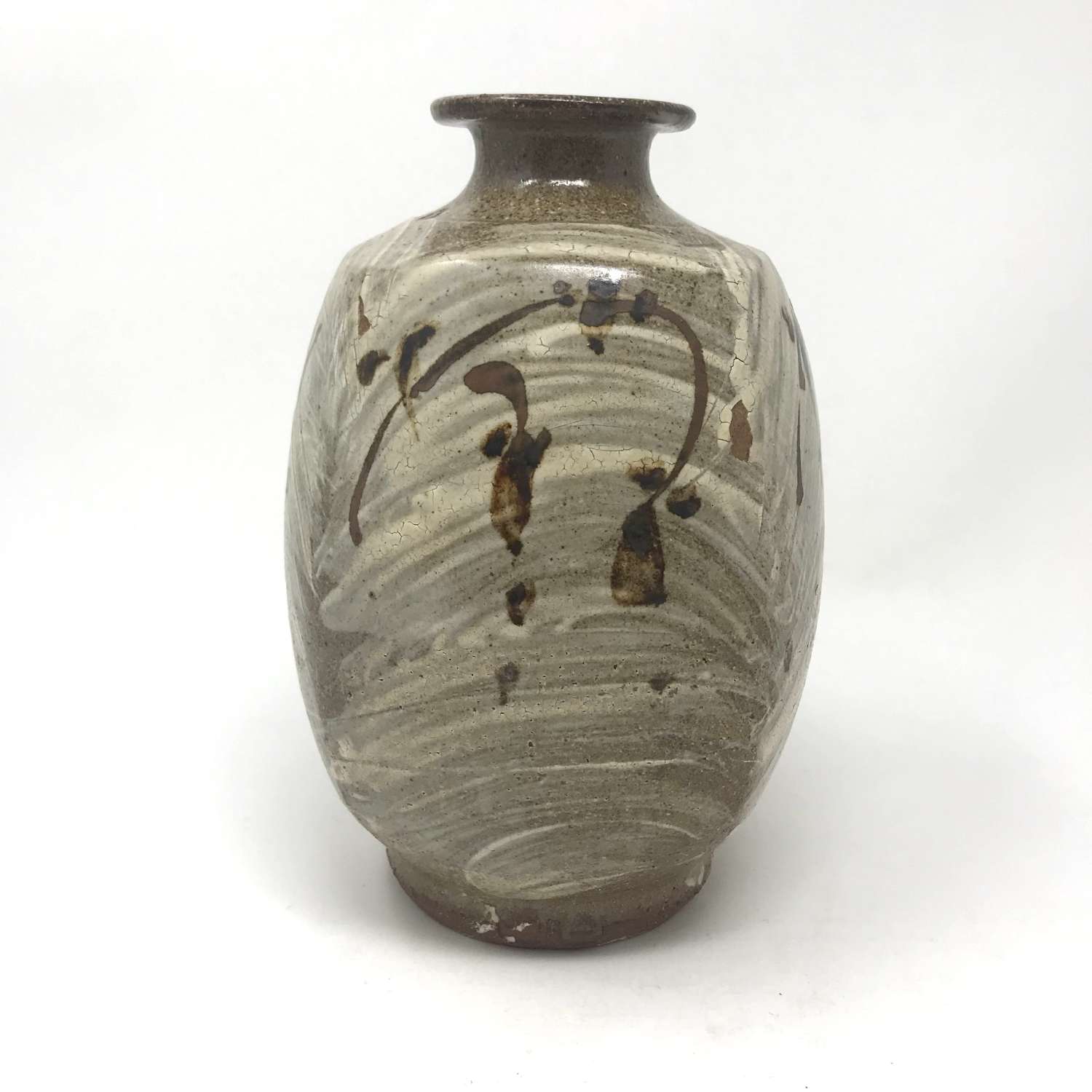 Jim Malone Stoneware squared vase with slipware glaze and iron design