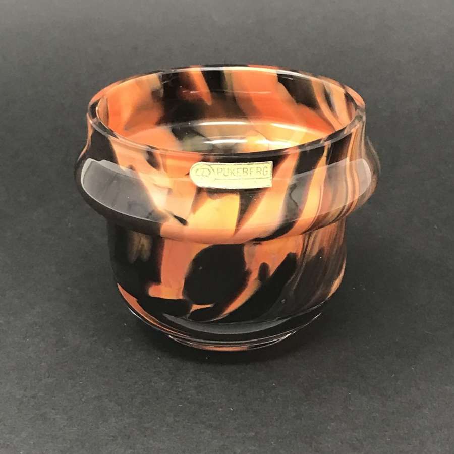 Eva Englund Orange and black small glass bowl, Pukeberg, Sweden