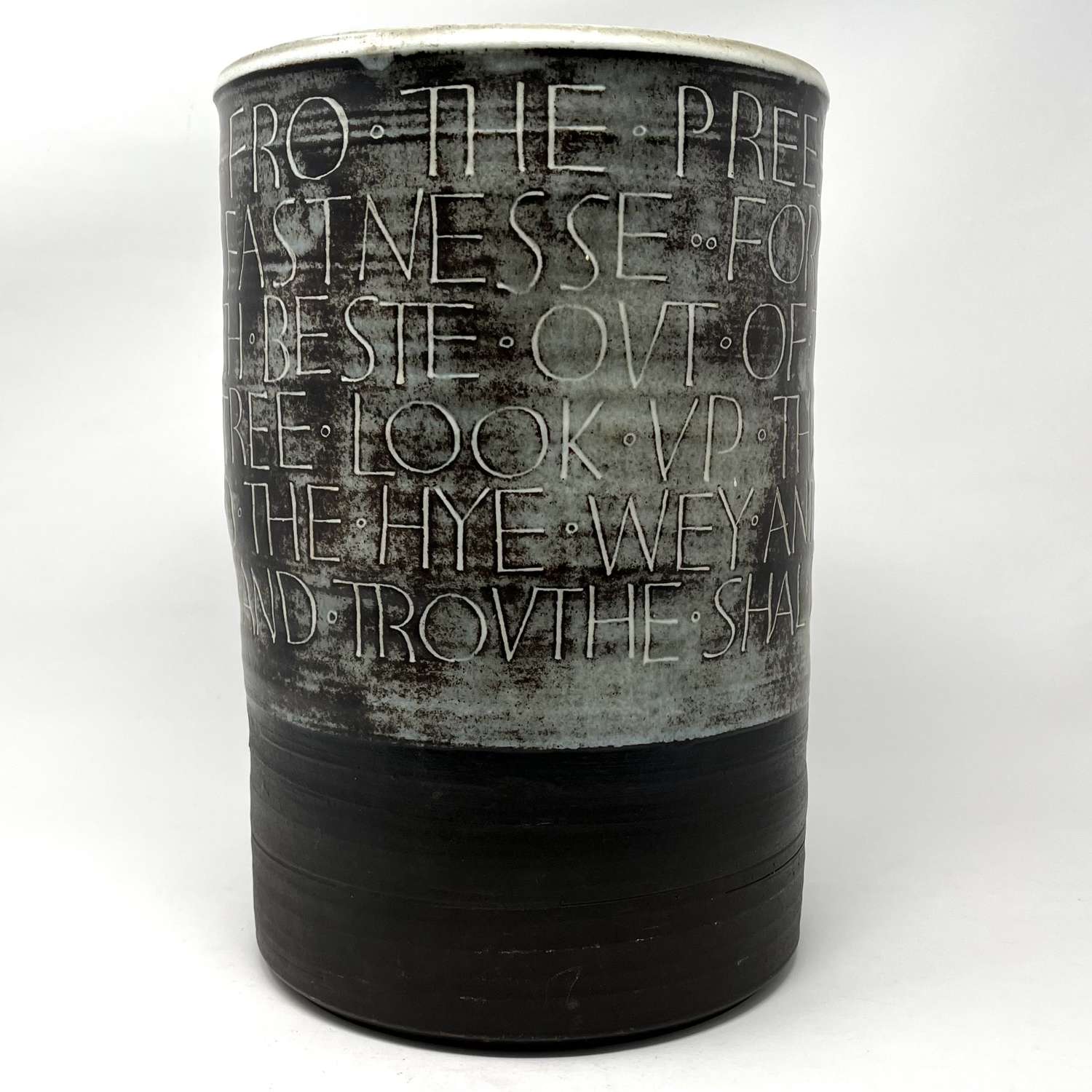 Peter Wright large tin glazed earthenware vessel text from Chaucer