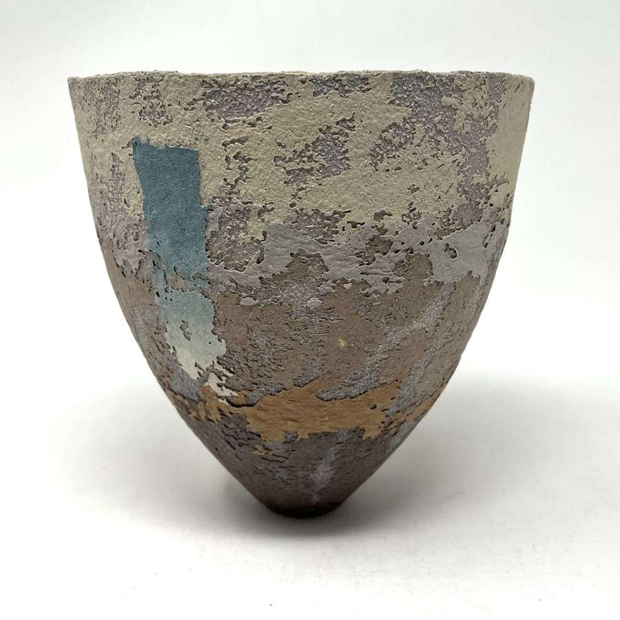 Clare Conrad Stoneware vase with serrated rim and polychrome glaze