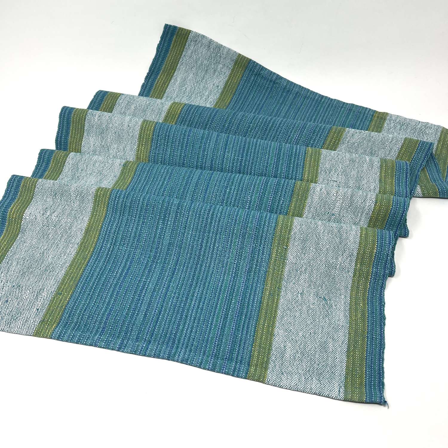 Handwoven vintage linen table runner in blues and greens, Sweden