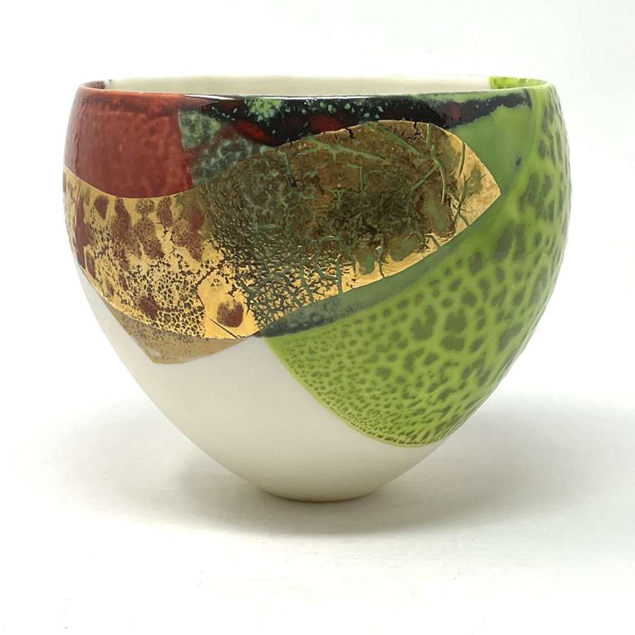 Tony Laverick white ceramic bowl wth green red and gold England 2011