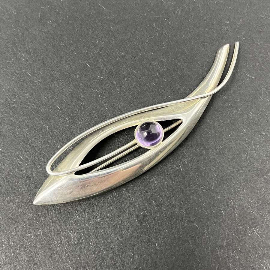 Modernist silver brooch with cabochon, Finland c 1960s