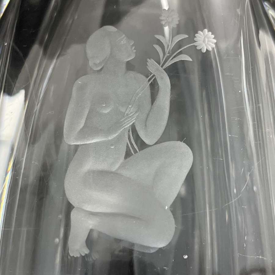Elis Bergh glass vase with woman and flower Kosta Sweden 1940s